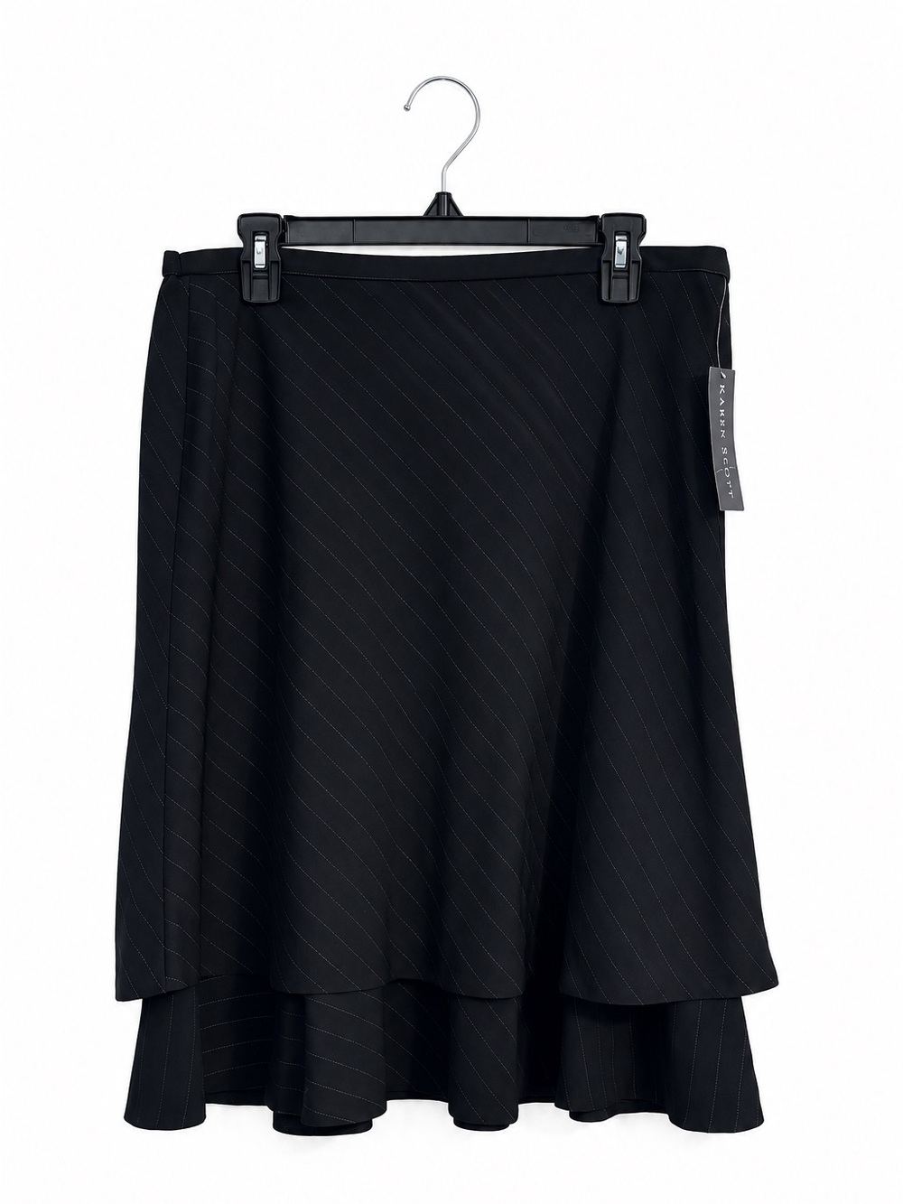 Karen Scott Pinstripe Midi Skirt – Women’s Size 14 – NWT Black Tiered Hem